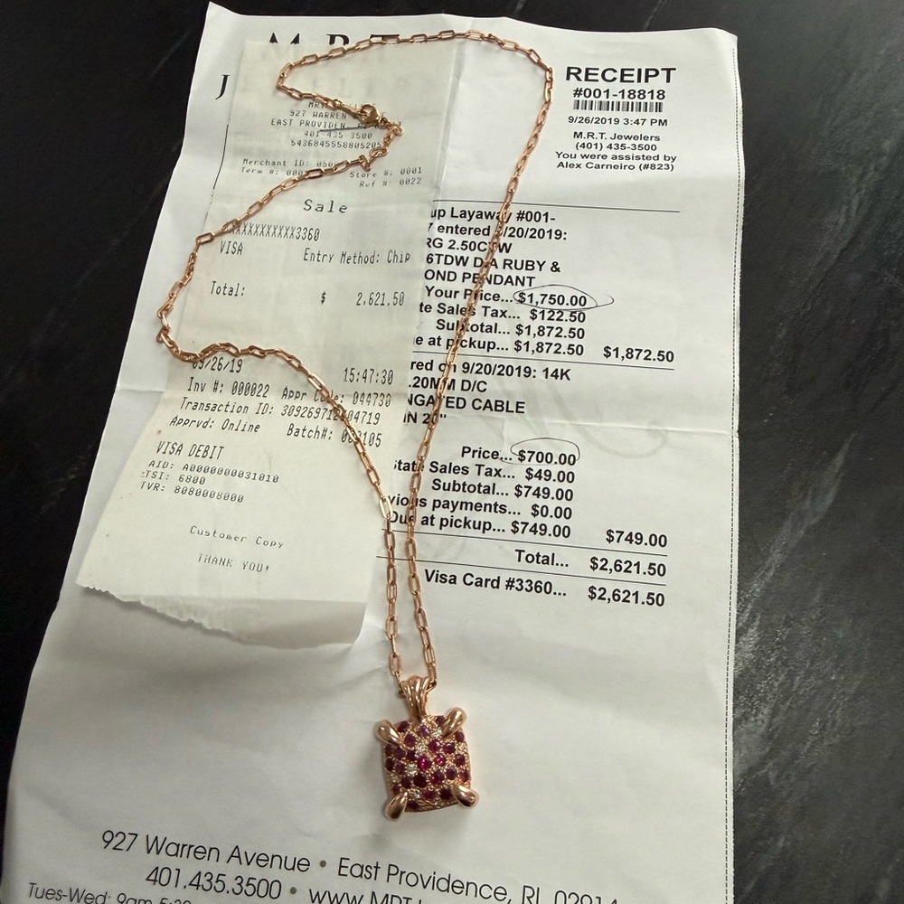 One of a kind! 14K Rose Gold Ruby & Diamond Pendant on 20” elongated cable chain - Picture 2 of 11